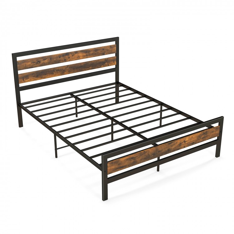 Queen size industrial bed frame featuring a rustic headboard and footboard, designed for easy assembly and optimal.