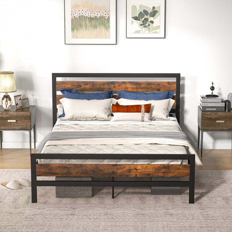 Queen size industrial bed frame with rustic headboard and footboard, featuring easy assembly and 12" under-bed.