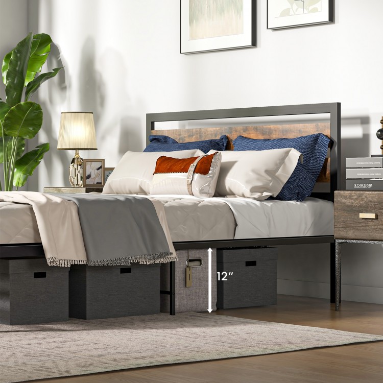 Queen size industrial bed frame with rustic headboard, 12" under-bed clearance for storage, and noise-free slats.