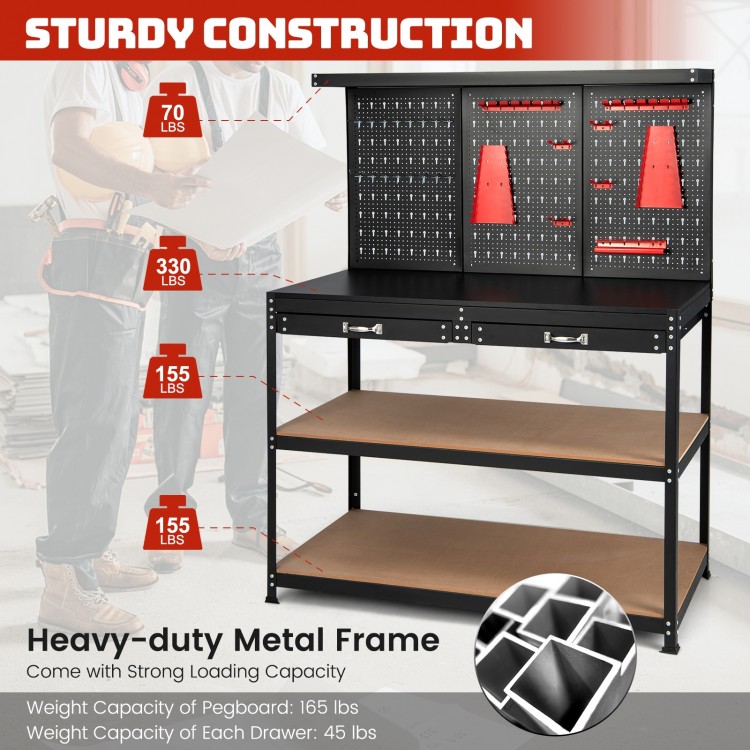 48-inch black workbench with pegboard, two drawers, and sturdy metal frame for garage or workshop organization.