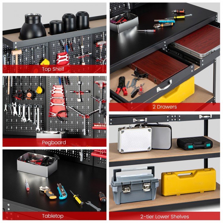 Workbench featuring a pegboard with tools, two drawers, and a large tabletop for versatile project handling.