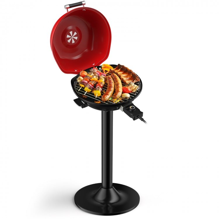 Portable electric BBQ grill in black and red with removable non-stick rack, ideal for outdoor cooking and gatherings.