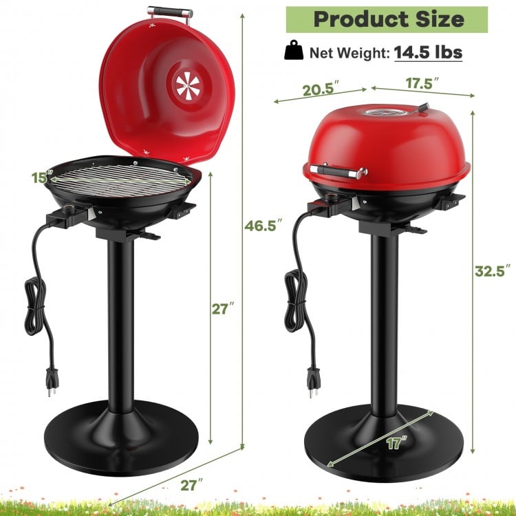 Portable electric BBQ grill in red and black with removable non-stick rack, perfect for outdoor cooking and gatherings.