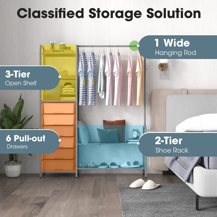 Free standing closet organizer in gray with 3-tier shelves, 6 pull-out drawers, and a 2-tier shoe rack for versatile.