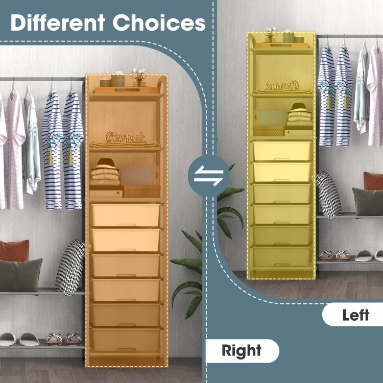 Free standing closet organizer in gray with removable drawers and shelves, ideal for bedroom or entryway storage.