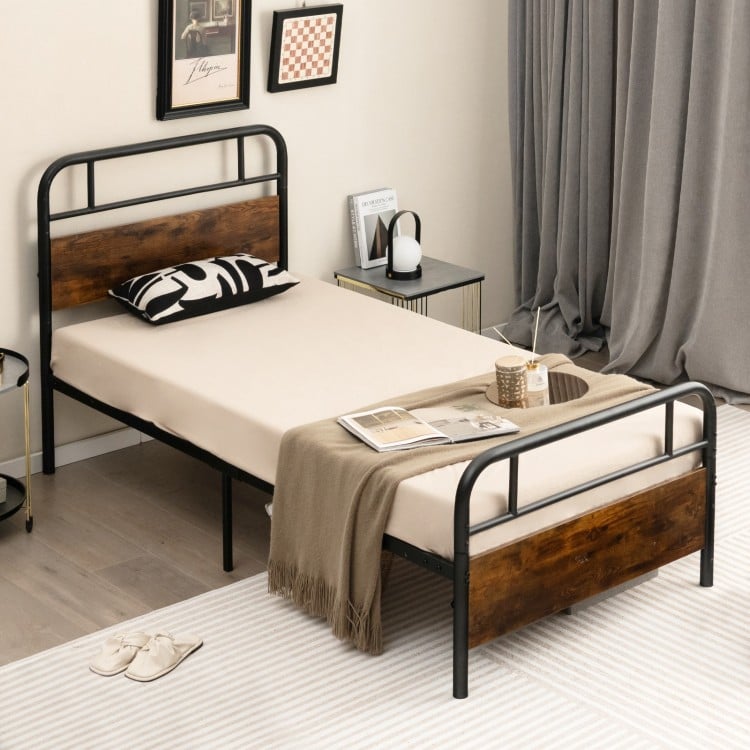 Twin size bed frame with industrial headboard, heavy-duty metal, rustic wood grain, ideal for storage and easy.
