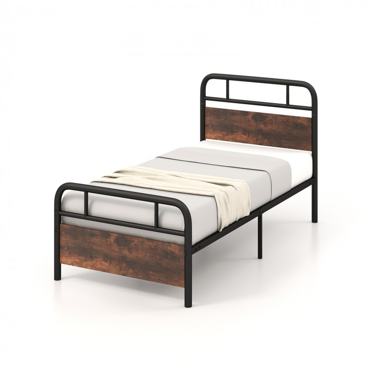 Twin size bed frame with industrial headboard, heavy-duty metal, rustic wood grain, perfect for storage and easy.