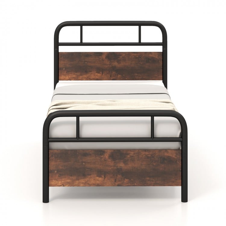 Twin size bed frame with industrial headboard, showcasing smooth waterproof surface for easy maintenance and durability.