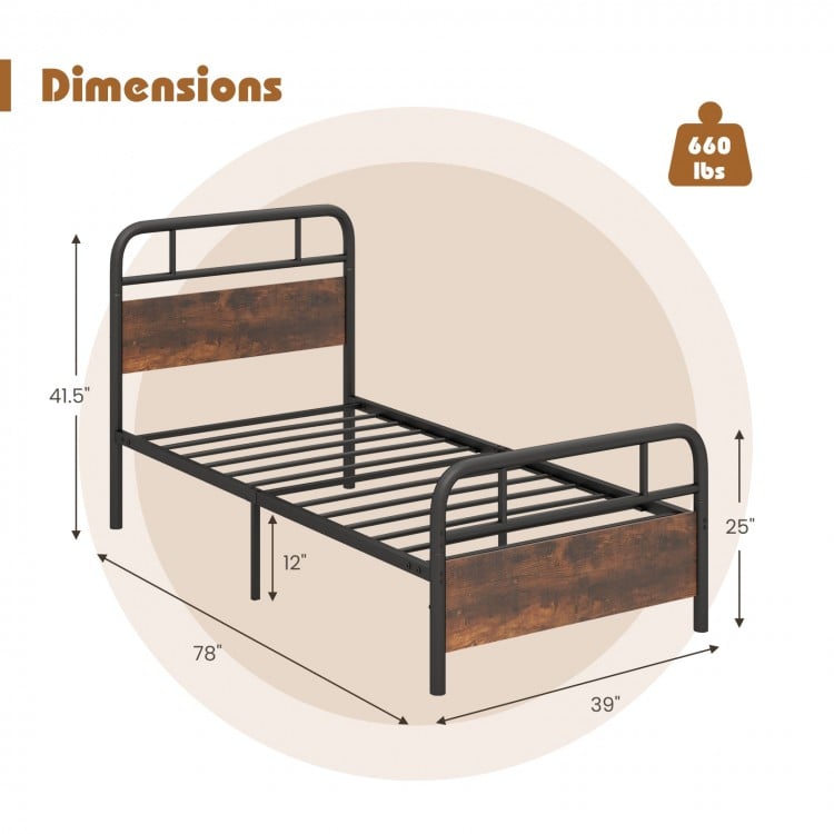Twin size bed frame with industrial headboard, heavy-duty metal, 660 lbs capacity, 12" under-bed clearance for storage.