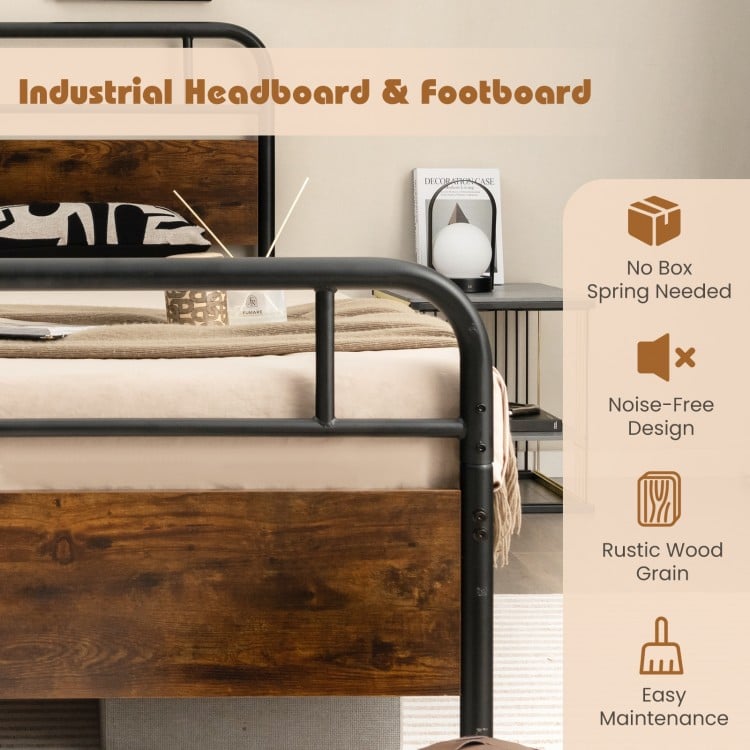 Twin size bed frame with industrial headboard, featuring rustic wood grain and noise-free design for quiet sleep.
