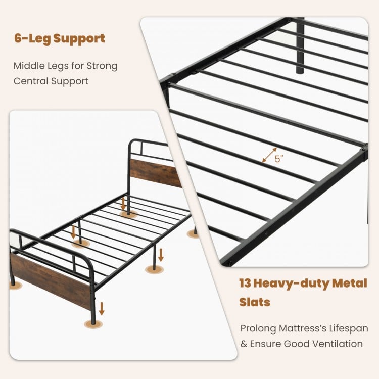 Twin size bed frame with industrial headboard, featuring 6-leg support and heavy-duty metal slats for durability and.