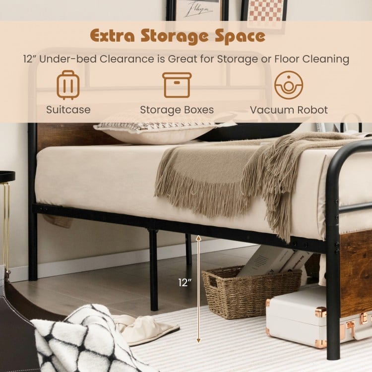 Twin size bed frame with industrial headboard, featuring 12" under-bed clearance for storage and easy cleaning.