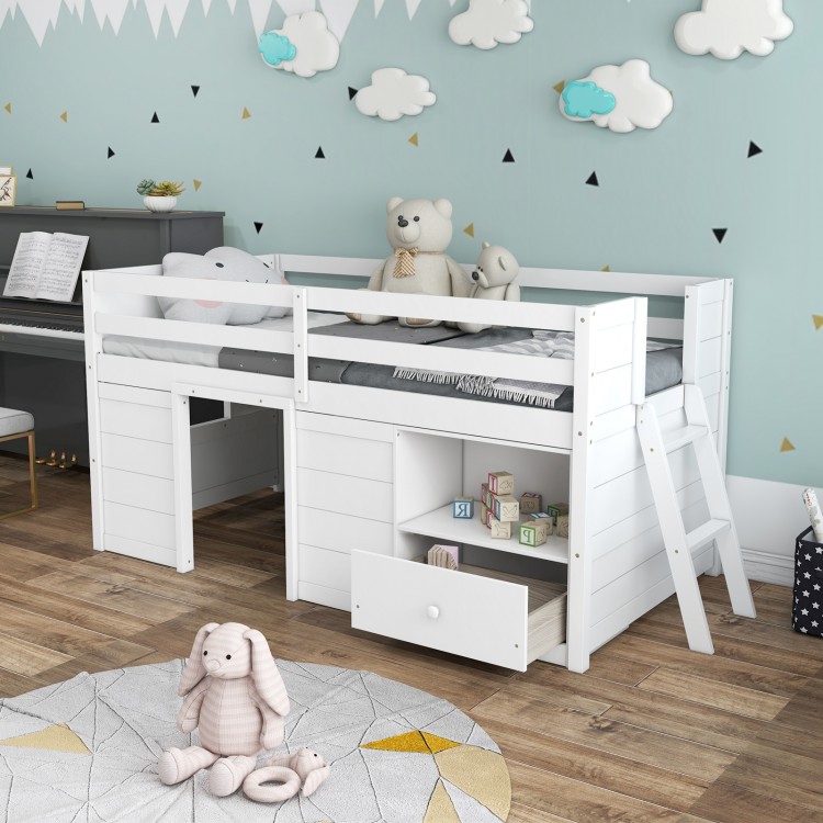 Twin size solid wood low loft bed in white with storage drawer and integrated ladder, ideal for kids' rooms.