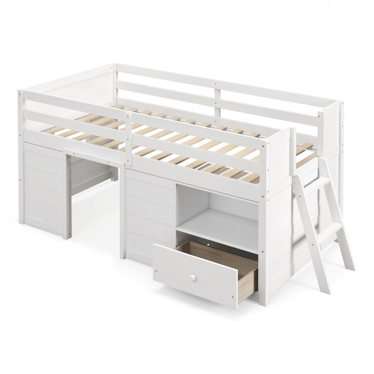 Twin size solid wood low loft bed in white featuring sturdy wooden slats and full-length guardrails for enhanced safety.