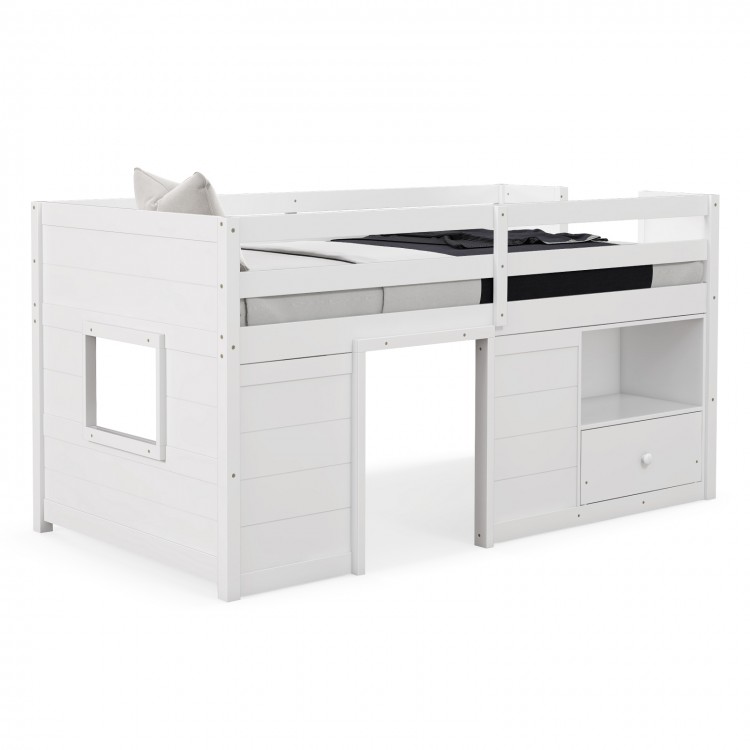 Twin size solid wood low loft bed in white with storage drawer, integrated ladder, and side window for kids' rooms.