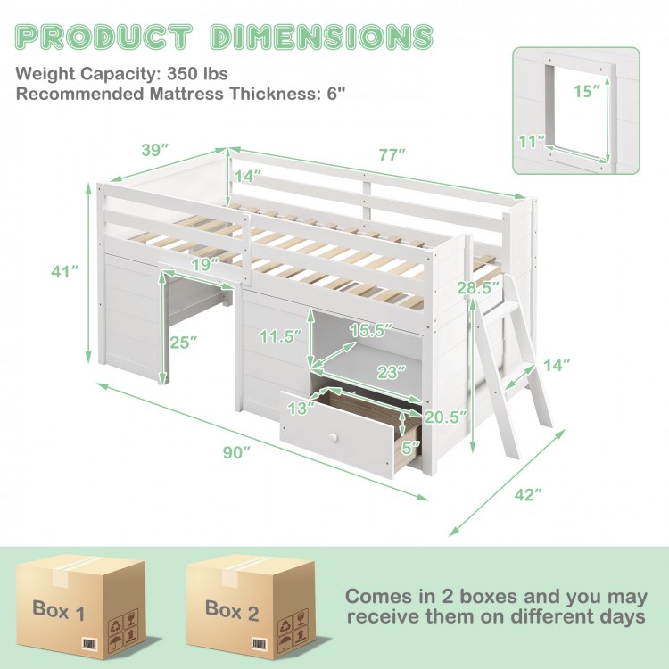 Twin size solid wood low loft bed with storage drawer, dimensions shown, perfect for kids' rooms and apartments.