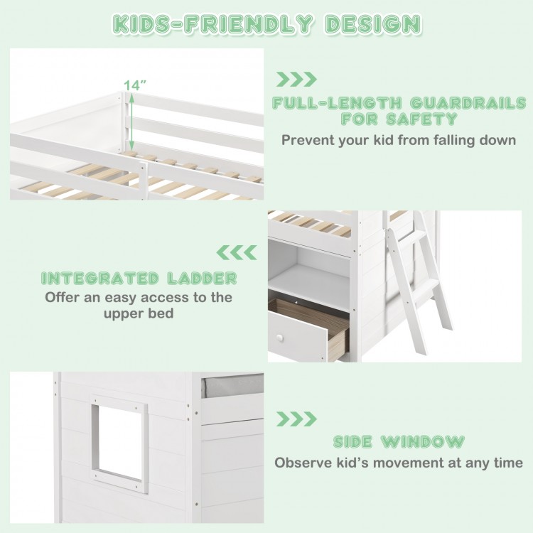 Twin size low loft bed in white with guardrails, integrated ladder, storage drawer, and side window for kids' safety.