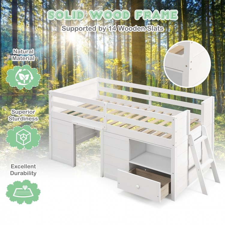 Twin size solid wood low loft bed in white, featuring a sturdy frame and ample under-bed space for play and storage.