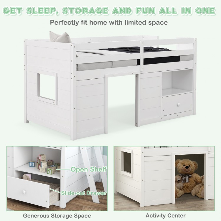Twin size solid wood low loft bed in white with storage drawer and open shelf, ideal for kids' rooms and small spaces.