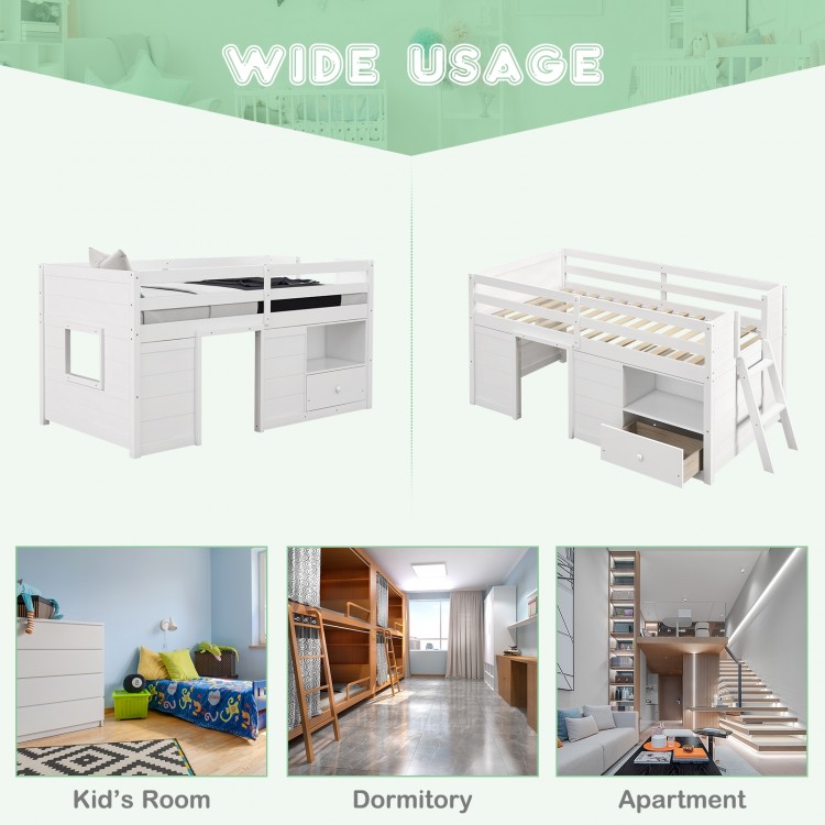 Twin size solid wood low loft bed in white with storage drawer, ideal for kids' rooms, dormitories, and apartments.