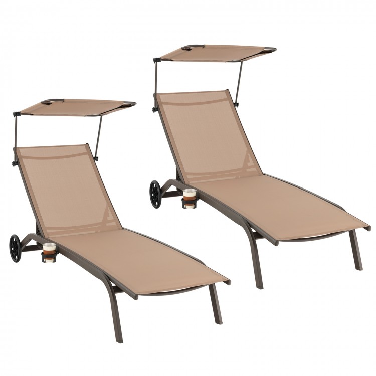 Adjustable brown chaise lounge chairs with canopy and cup holder, ideal for poolside or backyard relaxation.