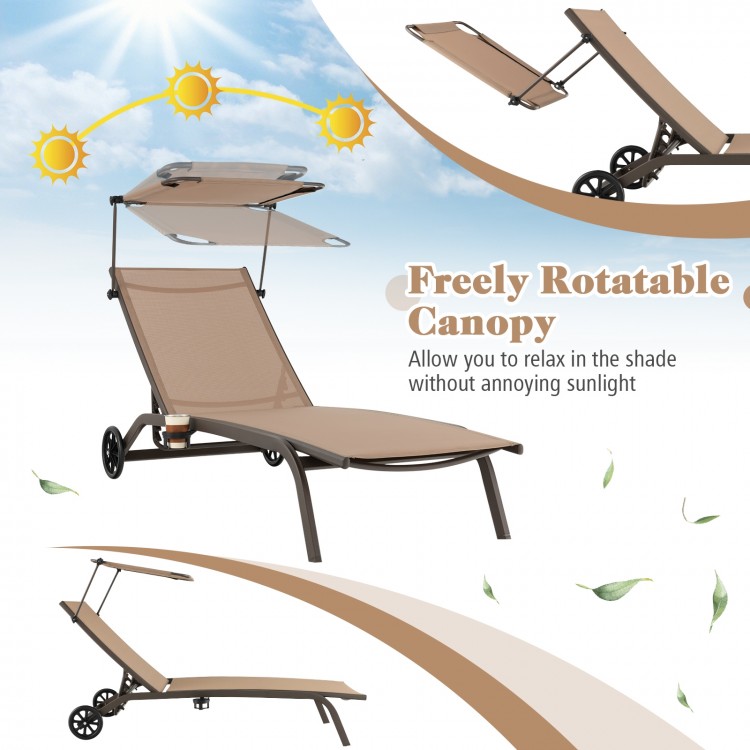 Adjustable chaise lounge chair with a rotatable canopy, cup holder, and wheels, perfect for poolside relaxation.