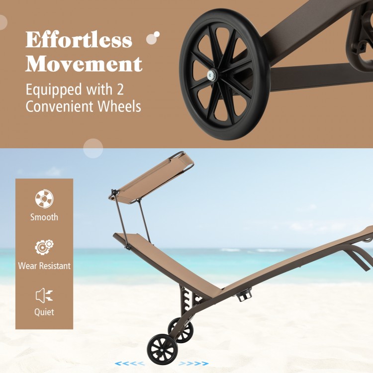 Adjustable brown chaise lounge chair with canopy and wheels, perfect for poolside relaxation and easy movement.