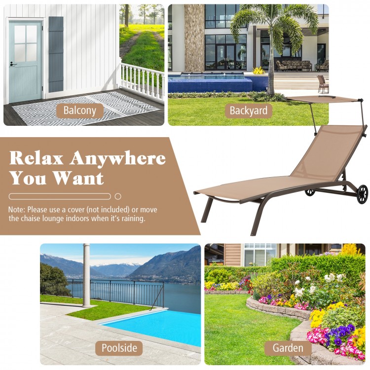 Brown patio chaise lounge chair with adjustable backrest and canopy, perfect for relaxation by the poolside or garden.
