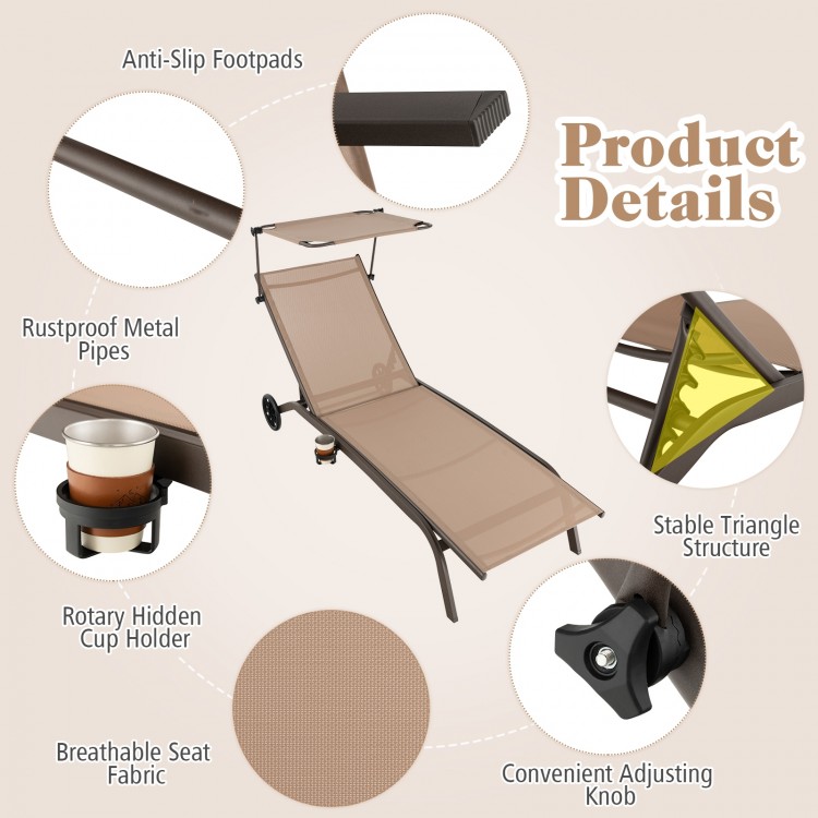 Brown adjustable chaise lounge chair featuring a breathable fabric seat, anti-slip footpads, and wheels for easy.