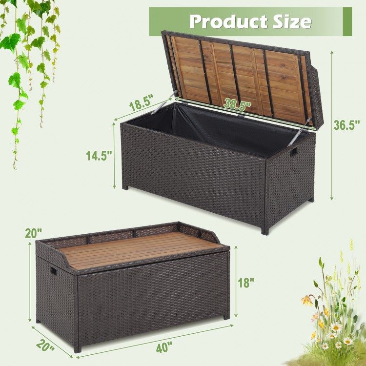 Outdoor storage bench with acacia wood lid, 45-gallon capacity, and zippered liner for versatile use and easy movement.