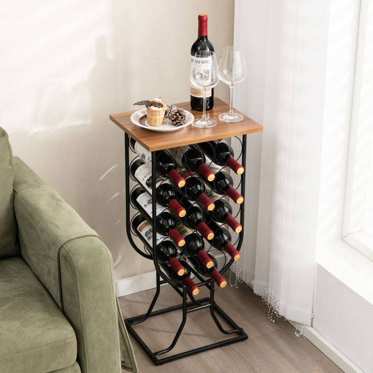 14-bottle wine rack in black with a wooden top, featuring detachable wheels for easy mobility and stylish decor.