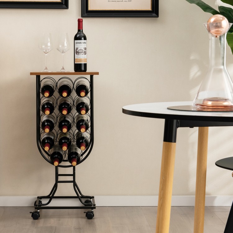 14-bottle wine rack in black with detachable wheels, featuring a wide top for storage and a stylish glass shape.