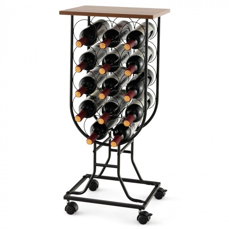 14-bottle wine rack in black with a wooden top, featuring detachable lockable wheels for easy movement and stability.
