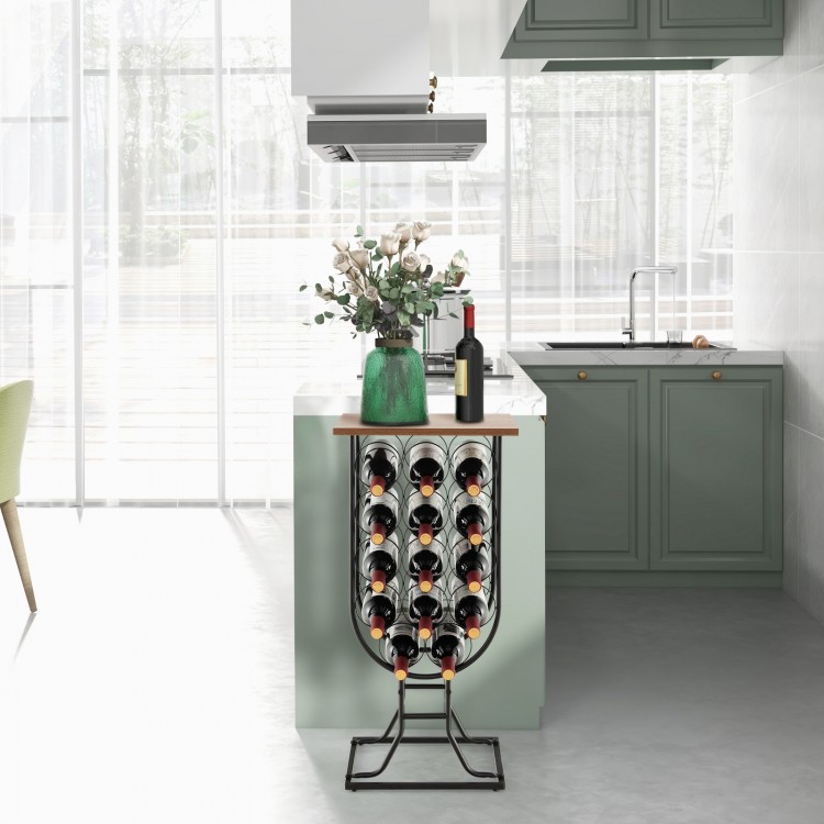14-bottle wine rack in black with detachable wheels, featuring a stylish design and ample storage for kitchen decor.