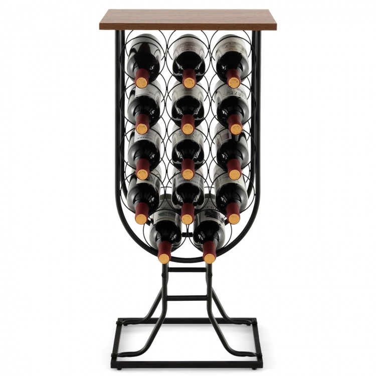 14-bottle wine rack with a detachable top, black metal structure, and lockable wheels for easy mobility and storage.