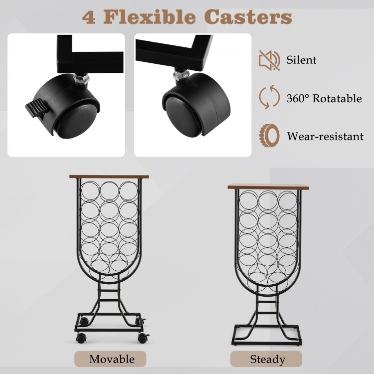 Wine rack with detachable lockable wheels, holding 14 bottles, featuring a rust-proof metal structure for stability.