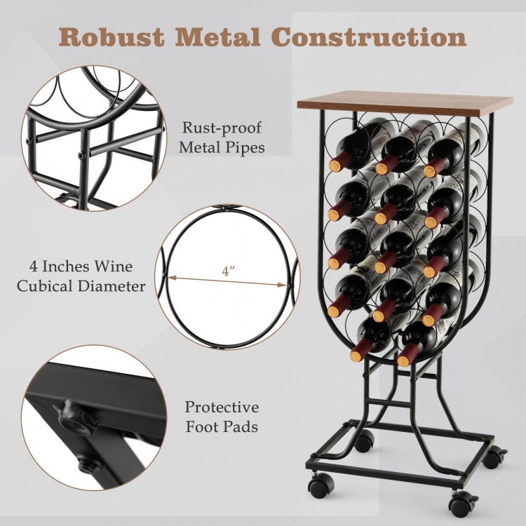 14-bottle wine rack with a rust-proof metal structure and detachable wheels, ideal for stylish storage and easy.