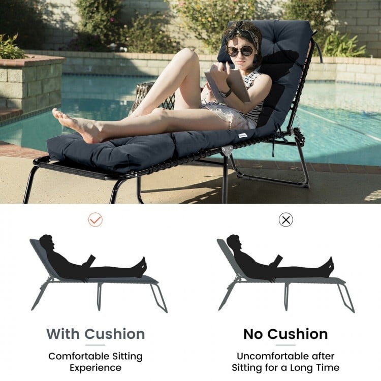 Thickened gray outdoor lounge chaise cushion with string ties, featuring high resilience cotton for optimal comfort.