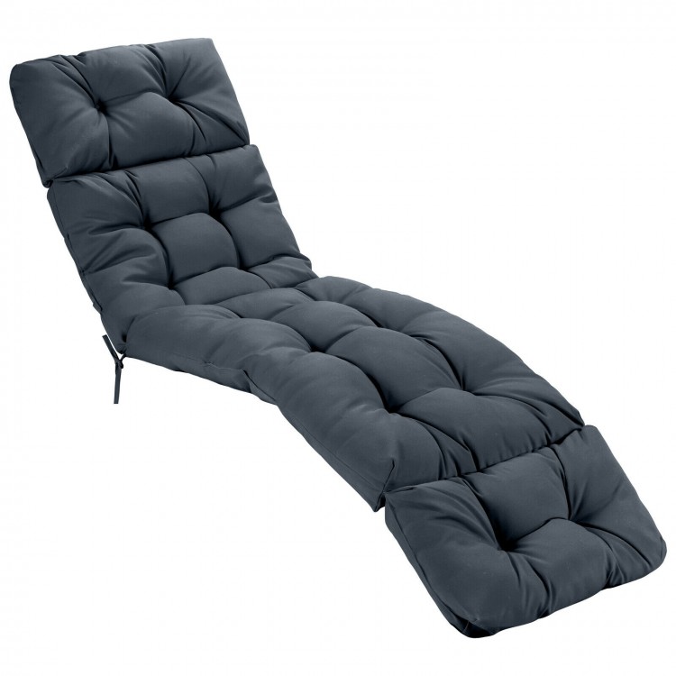 Gray outdoor lounge chaise cushion with string ties, made from waterproof polyester, for garden or poolside comfort.