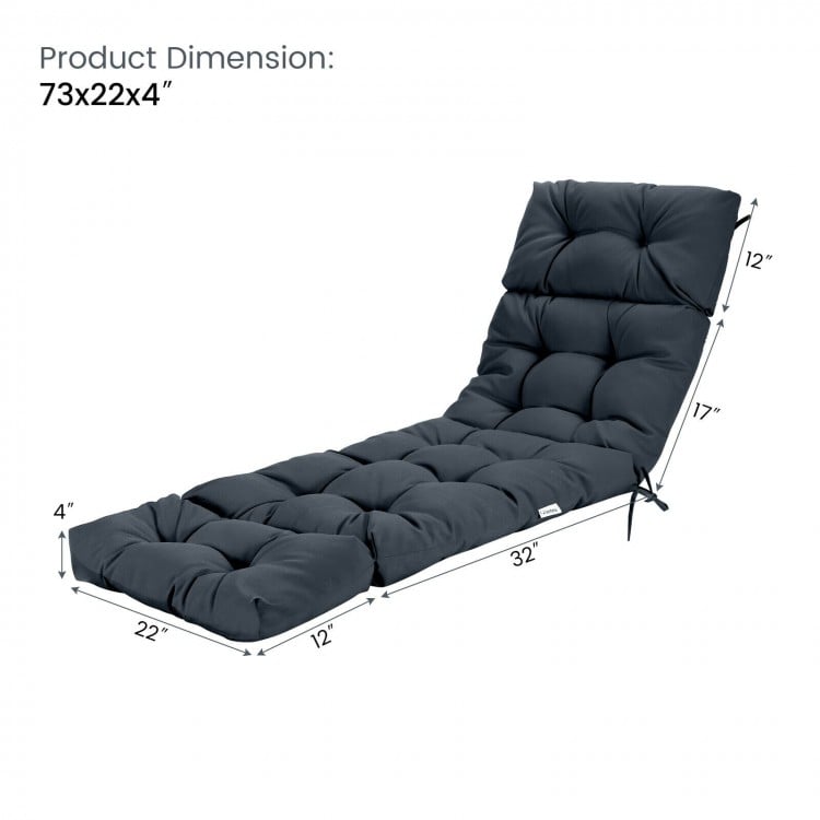 Gray outdoor lounge chaise cushion with string ties, 73"x22"x4", made from waterproof polyester for garden or poolside.