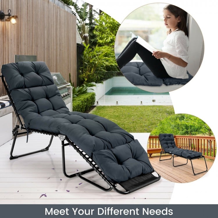 Gray outdoor lounge chaise cushion with string ties, made from waterproof polyester, ideal for garden or poolside use.