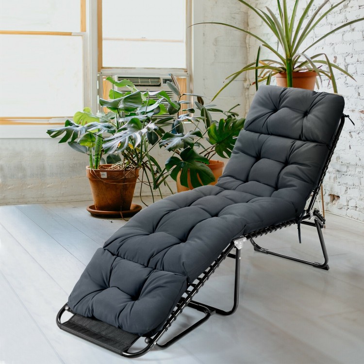 Gray lounge chaise cushion with string ties, featuring a thick design and breathable fabric for indoor or outdoor.