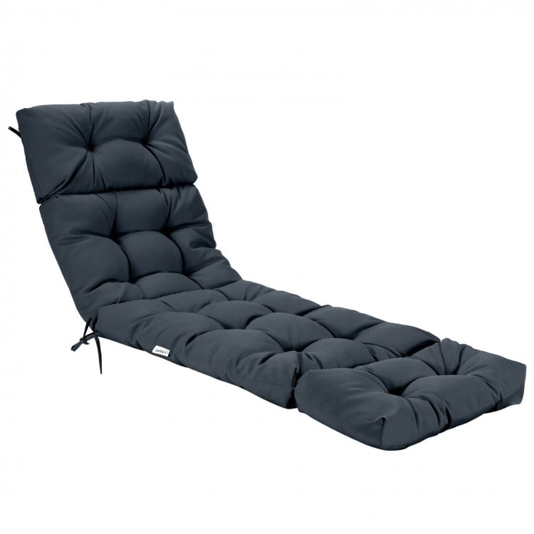 Gray outdoor lounge chaise cushion with 4 string ties, featuring a plush design for enhanced comfort and durability.