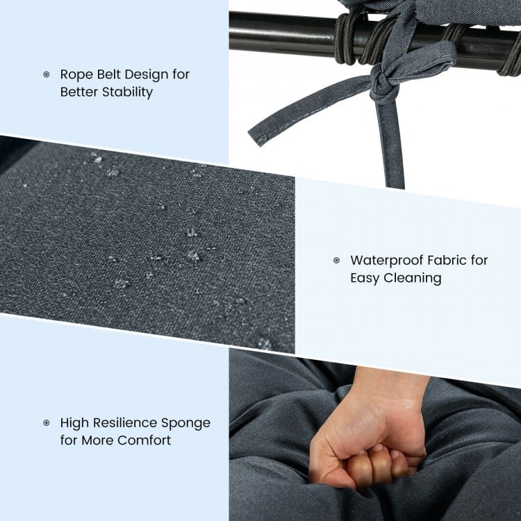 Gray outdoor lounge chaise cushion with string ties, waterproof fabric, and high resilience sponge for comfort.