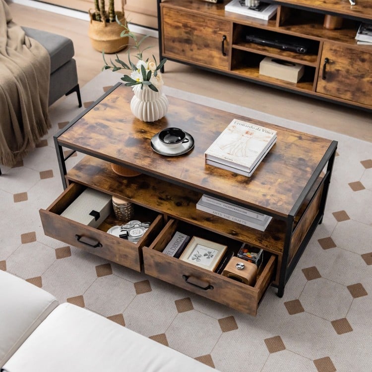 Rustic brown coffee table showcasing a wide tabletop and open shelf, ideal for display and versatile storage solutions.