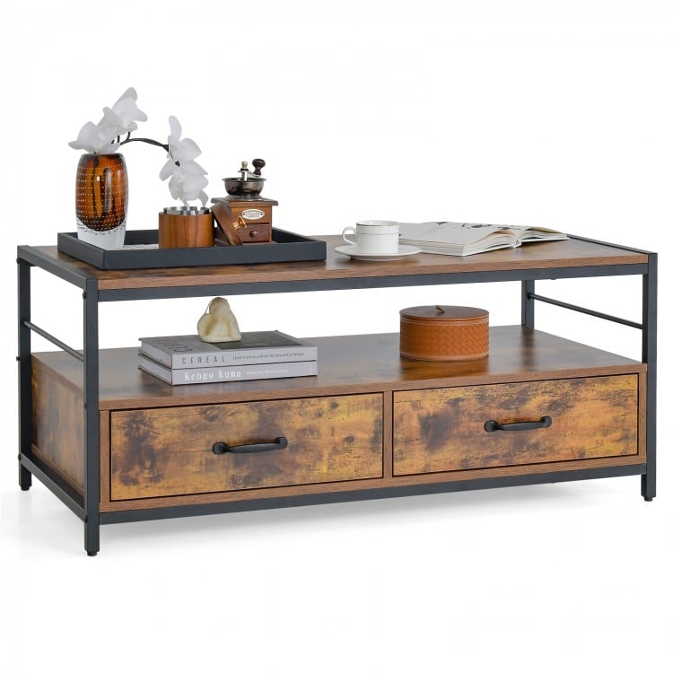 Rustic brown coffee table with an open shelf and two drawers, showcasing an industrial style for elegant living room.