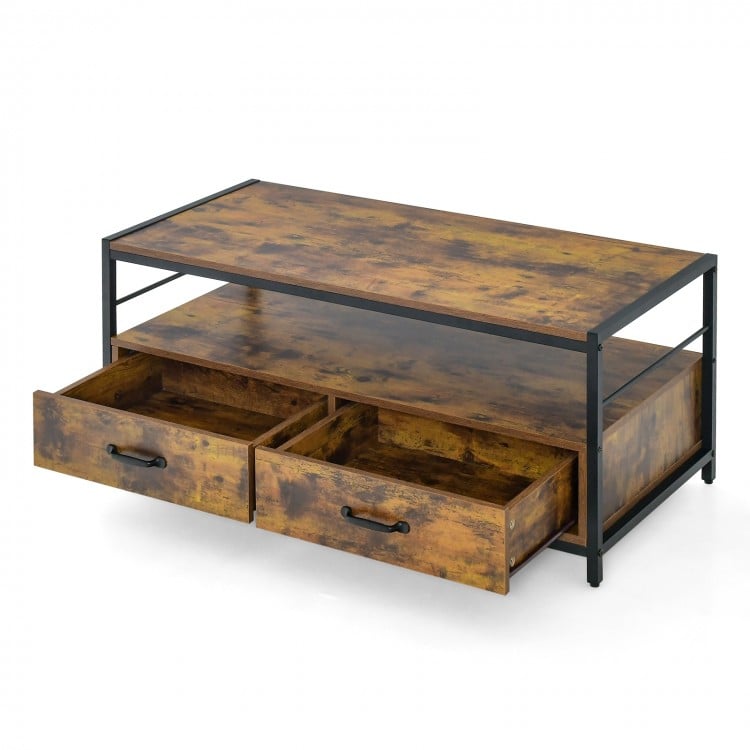 Rustic brown coffee table with a smooth, anti-scratch surface and two pull-out drawers for concealed storage solutions.