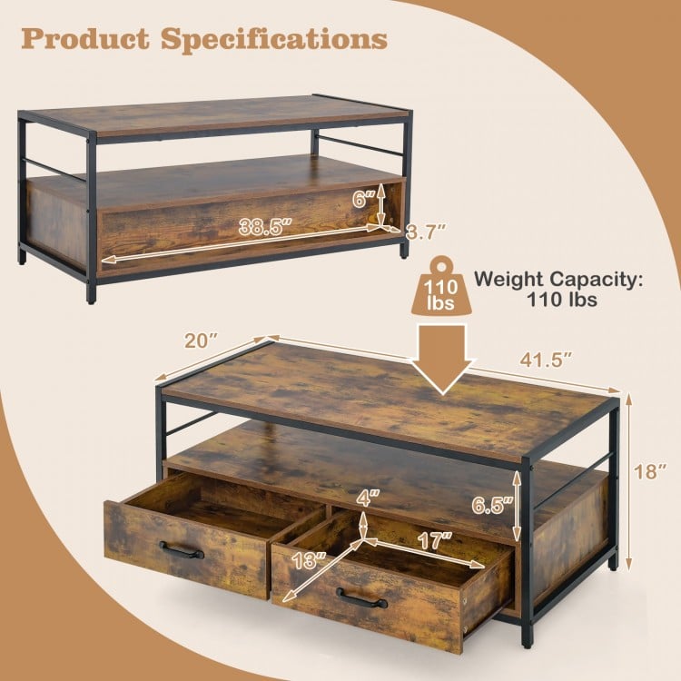 Rustic brown coffee table with 2 drawers and open shelf, featuring a sturdy metal frame and ample storage for living.
