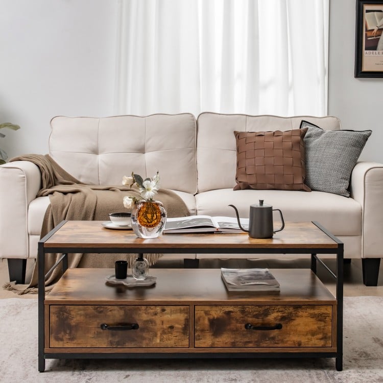 Rustic brown coffee table with 2 drawers and open shelf, featuring a sturdy metal frame for living room use.