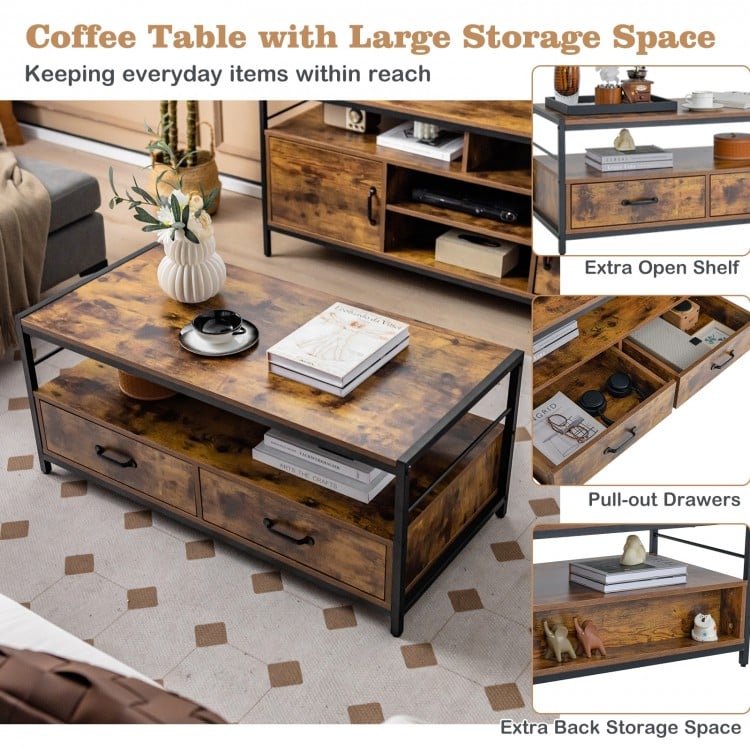 Rustic brown coffee table with 2 pull-out drawers and open shelf, perfect for living room storage and display.